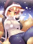  :p alternate_costume animal_ears blonde_hair blush breasts casual contemporary covered_nipples denim fox_ears fox_tail highres hood hoodie ikuta_takanon jeans large_breasts multiple_tails pants ribbed_sweater short_hair smile snow solo sweater tail tongue tongue_out touhou turtleneck yakumo_ran yellow_eyes 