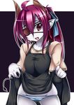 ahoge bad_id bad_pixiv_id commentary_request demon_girl demon_tail eyepatch fang gloves horns open_mouth original pako_(moto_paco) panties paromi pointy_ears ponytail purple_eyes purple_hair skirt skirt_lift solo striped striped_panties tail underwear 