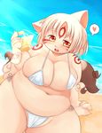  &#332;kami &hearts; 1girl ?kami amaterasu animal_ears big_breasts bikini bottle breasts canine chubby clothed clothing deity fat female furry heart huge_breasts human humanized mammal mcdonnell-douglas okami ookami_(game) overweight plump red_eyes skimpy solo swimsuit video_game video_games water wolf wolf_ears 