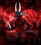  abstract_background bra claws cynder-the-dragon dragon eyes_open female garters gloves horn lingerie makeup markings purple_eyes red savage scalie see_through solo stockings tail teeth 