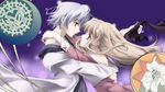  1girl artist_request brown_hair eye_contact flower hetero highres hug lace lily_(flower) long_hair looking_at_another miko_embrace pandora_hearts parody sharon_rainsworth short_hair silver_hair xerxes_break 