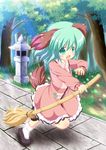  animal_ears bamboo_broom broom dress green_eyes green_hair kasodani_kyouko pila-pela short_hair solo stone_lantern tail touhou tree 