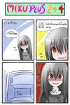  4koma blonde_hair catstudioinc_(punepuni) comic crazy_eyes crazy_smile dress empty empty_eyes grey_dress grey_hair hair_ribbon highres kagamine_rin long_hair multiple_girls rape_face red_eyes refrigerator ribbon short_hair sukone_tei sweat thai translated utau vocaloid 