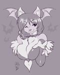  &hearts; &lt;3 bat big_breasts black_and_white breasts canine claws cleavage clothed clothing cosplay darkstalkers female gloves greyscale luckypan mammal monochrome morrigan_aensland neolucky one_eye_closed purple_eyes ring solo video_games wings wink 