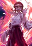  akizuki_ritsuko antenna_hair bandages braid brown_eyes brown_hair clenched_hand glasses hachimaki hadanugi_dousa hakama headband idolmaster idolmaster_(classic) inu_(aerodog) japanese_clothes miko open_mouth outstretched_arm outstretched_hand red_hakama sarashi short_hair solo translated twin_braids 