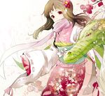  bad_id bad_pixiv_id brown_hair cherry_blossoms dragon dress floral_print flower hair_flower hair_ornament horns japanese_clothes kimono kotokoto_(vibgyor) long_hair obi original petals pink_dress red_eyes sash scarf solo tree 