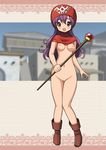  artist_request blush boots breasts censored chunsoft dragon_quest dragon_quest_ii enix highres hood long_hair navel nipples nude princess_of_moonbrook purple_eyes purple_hair ryunnu smile staff 