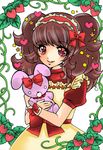  araraaaa brown_hair colorized dress heart highres long_hair original smile solo stuffed_animal stuffed_bunny stuffed_toy yukiko_haotome 