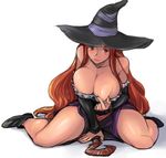  breast_pinch breasts cleavage dragon's_crown hat huge_breasts legs light_smile red_eyes red_hair simple_background sitting sketch solo sorceress_(dragon's_crown) spread_legs staff thick_thighs thighs tsuda_nanafushi wariza witch_hat 