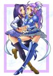  black_legwear blue_dress blue_legwear boots bracelet breast_press breasts brooch chin_grab choker covered_nipples cure_beat dress dual_persona frills hair_ornament hairpin heart holding_hands jewelry kurokawa_eren long_hair magical_girl medium_breasts midriff navel necklace panties ponytail precure puffy_sleeves purple_hair rynex3159 seiren_(suite_precure) shoes skirt smile suite_precure thigh_boots thighhighs underwear vest white_panties wrist_cuffs yellow_eyes 