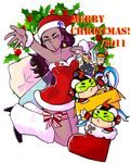  1girl 4boys alternate_hairstyle aqua_lad black_hair brother brothers bumble_bee cartoon_network christmas dark_skin dc_comics dress garth goggles hat insect_wings karen_beecher mas_(dc) mask menos_(dc) multiple_boys orange_hair raven_(dc) red_dress roy_harper santa_hat siblings size_difference smile speedy teen_titans twins wings 