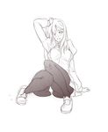  breasts crossed_legs curvy hair_over_one_eye hand_on_own_head ikezawa_hanako katawa_shoujo large_breasts monochrome one_eye_closed panties panties_over_pantyhose pantyhose pantyshot pantyshot_(sitting) puffy_sleeves scar shoes sitting sketch solo thighs underwear 