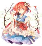  belt bow camellia cherry_blossoms coin detached_sleeves flower fuiyu_(feuille0818) hair_bobbles hair_flower hair_ornament hair_ribbon onozuka_komachi red_eyes red_hair ribbon seigaiha shirt skirt smile solo touhou twig two_side_up 