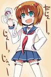  arm_up bangs blue_eyes blue_skirt blush cat fang hand_on_hip hitsuji_bako kataoka_yuuki kiyosumi_school_uniform open_mouth orange_hair pleated_skirt ribbon saki school_uniform serafuku short_hair skirt solo thighhighs two_side_up white_legwear 