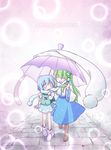  blue_eyes blue_hair blush boots closed_eyes frog green_hair hair_ornament hair_tubes heterochromia kahara_nanami karakasa_obake kochiya_sanae long_hair multiple_girls new_year open_mouth purple_umbrella red_eyes scarf shared_scarf short_hair skirt smile snake tatara_kogasa tongue touhou umbrella 