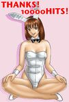  animal_ears bare_shoulders bow bowtie breasts brown_eyes brown_hair bunny_ears bunnysuit copyright_request full_body hits leotard lips medium_breasts pantyhose sheer_legwear shoes simple_background sitting smile solo thank_you uraharukon 