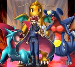  cape dragonite garchomp highres male male_focus outstretched_hand pokemon pokemon_(game) pokemon_heartgold_and_soulsilver pokemon_hgss red_hair salamance salamence wataru_(pokemon) 