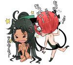  &gt;_&lt; ahoge alternate_skin_color animal_ears aoshima black_hair blush bow breasts cat_ears cat_tail check_translation closed_eyes commentary_request dark_skin hair_bow kaenbyou_rin large_breasts long_hair multiple_girls multiple_tails nude open_mouth reiuji_utsuho single_thighhigh tail tears thighhighs touhou translated translation_request unyu very_long_hair whipping 