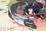  bad_id bad_pixiv_id black_hair closed_eyes dragon flower hair_ribbon hand_on_own_head horns ika japanese_clothes kimono long_hair new_year original pointy_ears ribbon smile solo 