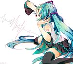 aqua_hair closed_eyes detached_sleeves hatsune_miku kotoma listening_to_music long_hair open_mouth simple_background sitting skirt solo thighhighs twintails very_long_hair vocaloid zettai_ryouiki 