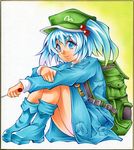  :3 backpack bag blue_eyes blue_hair boots calnarsa gradient_hair hair_bobbles hair_ornament hat kawashiro_nitori key marker_(medium) millipen_(medium) multicolored_hair screwdriver shikishi solo touhou traditional_media two_side_up 