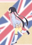  akaho_sakura black_hair boots brown_eyes flag_background k-on! k-on!_movie long_hair nakano_azusa pantyhose plaid plaid_scarf scarf solo twintails union_jack yellow_legwear 