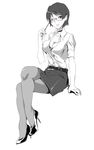  blush bra breasts choker cleavage crossed_legs dress_shirt glasses greyscale hakamichi_shizune high_heels katawa_shoujo large_breasts lingerie moekki monochrome nail_polish office_lady older one_eye_closed pantyhose pencil_skirt shirt shoes short_hair sitting skirt sleeves_rolled_up solo spot_color unbuttoned underwear 
