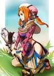  aisha_(saga) ass full_body green_eyes hat highres horse no~ma orange_hair pants romancing_saga romancing_saga_minstrel_song saga sandals short_hair smile solo squatting staff tabard 