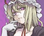  blonde_hair choker close-up collarbone colored_eyelashes dress elbow_gloves eyelashes face finger_to_mouth frown gloves hands hat long_hair looking_at_viewer purple_background purple_dress purple_eyes ribbon ribbon_choker short_hair simple_background solo touhou uousa-ou upper_body white_gloves yakumo_yukari 