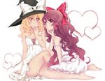  alternate_hair_length alternate_hairstyle bare_shoulders barefoot blonde_hair bow braid brown_eyes brown_hair covering_mouth crossed_legs feet hair_bow hair_ribbon hair_tubes hakurei_reimu hand_on_own_chin hat hat_bow heart kirisame_marisa long_hair looking_at_viewer looking_back multiple_girls orange_eyes panties pantyshot pantyshot_(sitting) ribbon rimu_(kingyo_origin) side_braid simple_background single_braid sitting skirt sleepwear soles strap_slip touhou underwear very_long_hair wariza wavy_hair white_background white_bow white_panties white_skirt witch_hat yellow_eyes 