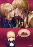  1girl ? armor artoria_pendragon_(all) blonde_hair blood chibi cleavage_cutout comic dress earrings fate/stay_night fate_(series) food gilgamesh green_eyes hair_ribbon hand_on_another's_face jewelry kiss lijunyou lips mapo_doufu realistic red_background ribbon saber short_hair thought_bubble tongue 