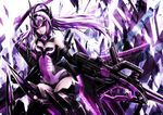  :i bare_shoulders breasts busou_shinki cleavage expressionless headgear highres huge_weapon lavender_hair leotard long_hair looking_down mecha_musume medium_breasts navel number painfultree purple_background purple_hair red_eyes solo tempesta weapon 
