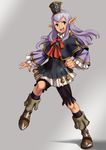  :d bloomers blue_eyes boots bow dissidia_012_final_fantasy dissidia_final_fantasy elf elvaan final_fantasy final_fantasy_xi full_body grey_background happy hat highres knee_boots long_hair no~ma open_mouth pointy_ears prishe purple_hair ribbon sidelocks skirt smile solo underwear 