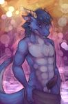  abstract_background anthro balls biceps blue_eyes blue_fur blue_hair cherrybox chest_tuft clothing daintydragon dragon erection fur hair horn looking_at_viewer male muscles nude pants pecs penis presenting reptile scalie solo standing thick_penis toned topless tuft undressing 