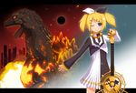  alternate_hairstyle bad_id bad_pixiv_id blonde_hair blue_eyes burning_godzilla crossover godzilla guitar hair_ornament hair_ribbon hairclip instrument kagamine_rin kagamine_rin_(roshin_yuukai/hard_rkmix) monster night project_diva_(series) project_diva_2nd ribbon roshin_yuukai_(vocaloid) twintails vocaloid yakitori_(oni) 