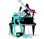  aqua_hair crazy_eyes detached_sleeves grand_piano guitar hatsune_miku highres instrument koi_wa_sennou_(vocaloid) koi_wa_sensou_(vocaloid) long_hair lying manda_(tyomesuke) megaphone open_mouth piano pink_eyes skirt smile solo thighhighs twintails very_long_hair vocaloid zettai_ryouiki 