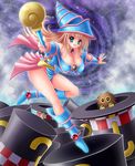  1girl artist_request blonde_hair boots breasts dark_magician_girl duel_monster green_eyes hat highres jewelry kuriboh large_breasts long_hair monster open_mouth skirt smile solo wizard_hat yu-gi-oh! yuu-gi-ou_duel_monsters 