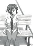  amputee artbook bench double_amputee highres kamifish katawa_shoujo knees_together_feet_apart monochrome necktie official_art pants school_uniform shirt short_hair sitting solo tezuka_rin tied_shirt 