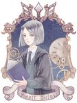  bad_id bad_pixiv_id black_eyes black_hair bob_cut book character_name clock command_spell fate/zero fate_(series) gears holding holding_book male_focus necktie night night_sky open_book robe sky solo tamaki_mitsune waver_velvet 