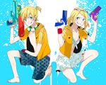  1girl 510 barefoot bikini_skirt bikini_top blonde_hair brother_and_sister casual dual_wielding eyewear_on_head front-tie_top goggles goggles_around_neck grin holding hood hoodie kagamine_len kagamine_rin looking_at_viewer short_hair shorts siblings skirt smile twins twintails vocaloid water_gun 