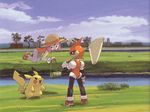  character_request floating game_freak hat official_art pikachu pokemon pulseman pulseman_(character) quinty quinty_(character) sugimori_ken 