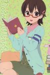  artist_request book character_name double-breasted glasses hair_ornament hairclip holding holding_book k-on! manabe_nodoka no_shoes official_art open_book pillow scan smile socks solo 