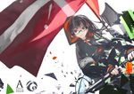  armband black_eyes black_hair crescent cross dutch_angle english flag glasses highres holding hood hoodie katana lin+ long_hair looking_at_viewer open_mouth original sheath signature solo sword unsheathing weapon 