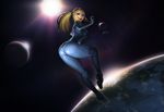  ass blonde_hair blue_eyes bodysuit breasts earth from_behind full_moon highres long_hair medium_breasts metroid moon open_mouth saejin_oh samus_aran skin_tight solo space sun zero_suit 
