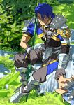  armor blue_hair cu_chulainn_(fate/prototype) earrings fate/prototype fate_(series) gae_bolg gloves jewelry kon_manatsu lance long_hair male_focus md5_mismatch monster_hunter necklace one_eye_closed pig polearm ponytail poogie red_eyes solo weapon 