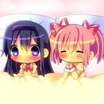  :&lt; ^_^ akemi_homura bed black_hair blush chibi chocolat_(momoiro_piano) closed_eyes commentary_request hair_ribbon hairband kaname_madoka mahou_shoujo_madoka_magica multiple_girls pink_hair purple_eyes ribbon school_uniform short_twintails twintails 