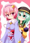  blush eyeball green_eyes green_hair hair_between_eyes hairband heart komeiji_koishi komeiji_satori multiple_girls okumari pink_eyes pink_hair short_hair shy siblings sisters sleeves_past_wrists smile third_eye touhou upper_body 