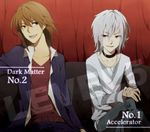  accelerator brown_eyes brown_hair choker kakine_teitoku multiple_boys red_eyes sitting to_aru_majutsu_no_index white_hair zarutsu 