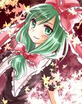  bad_id bad_pixiv_id blush bow frills front_ponytail green_eyes green_hair hair_bow hair_ornament hair_ribbon kagiyama_hina leaf long_hair looking_at_viewer miyakure ribbon smile solo touhou 