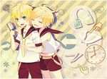  blonde_hair bow green_eyes headphones kagamine_len kagamine_rin keishi short_hair shorts tie vocaloid 